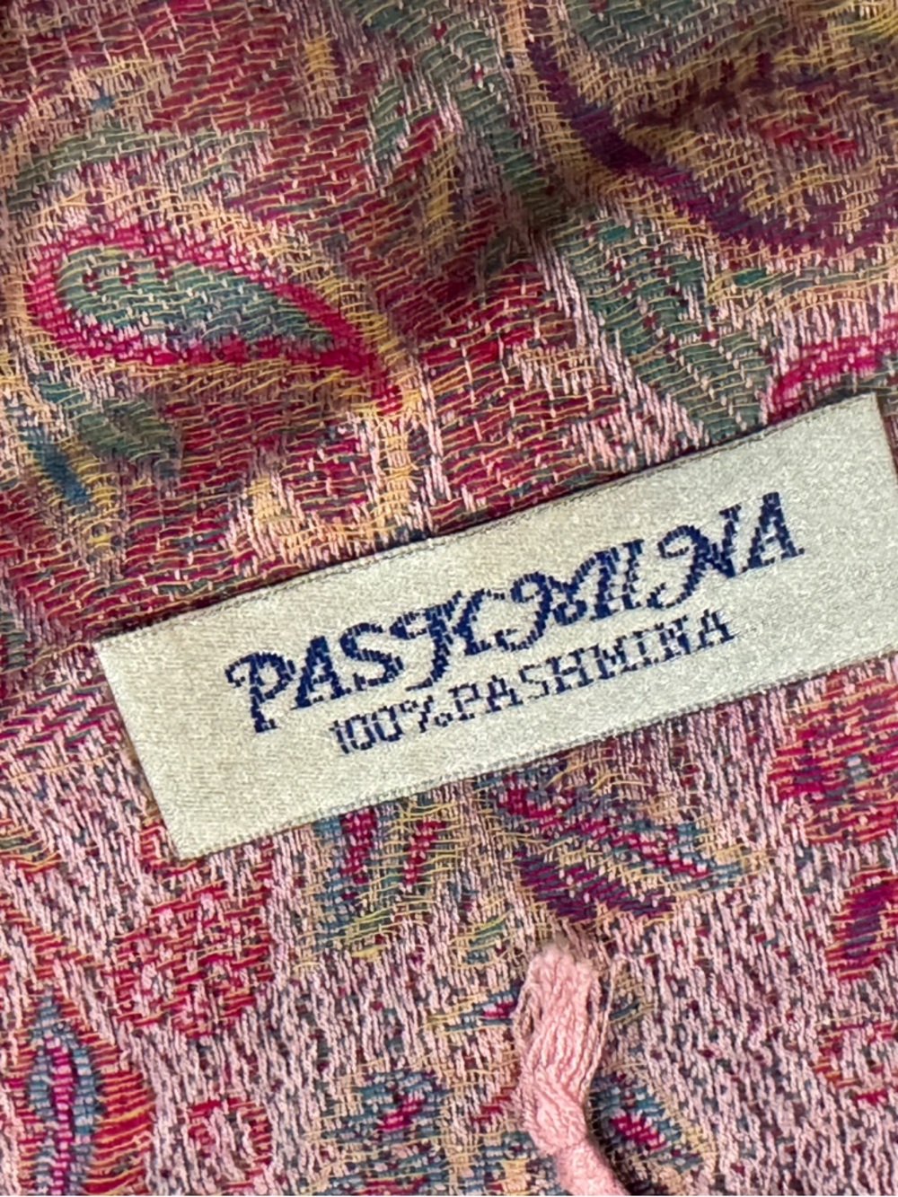 Vintage Pashmina 100% Cashmere Textured Paisley Scarf in Pink and Green